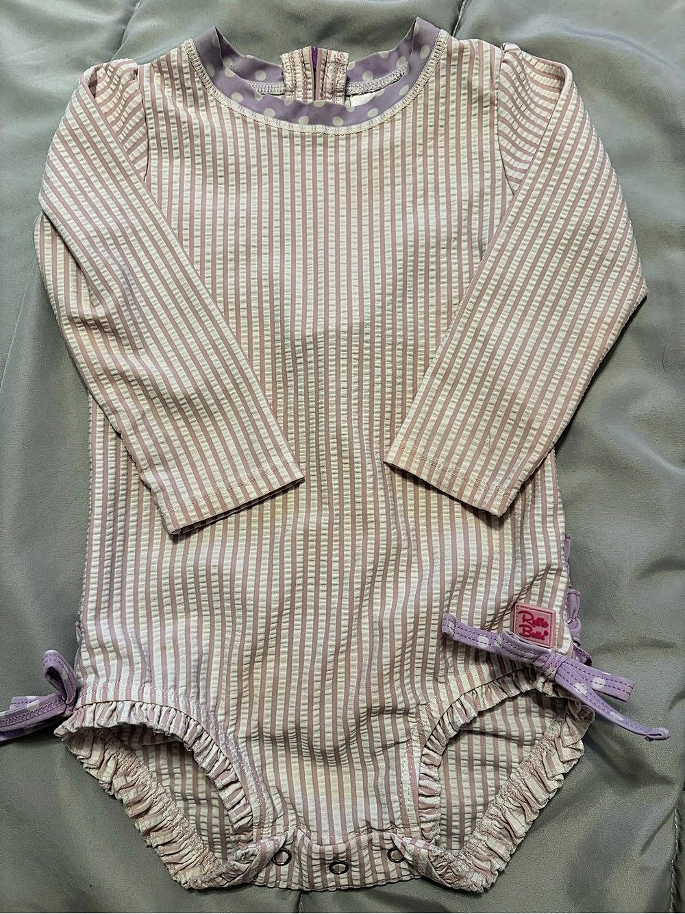RuffleButts Long Sleeve One-Piece Rash Guard Swimsuit Seersucker Striped